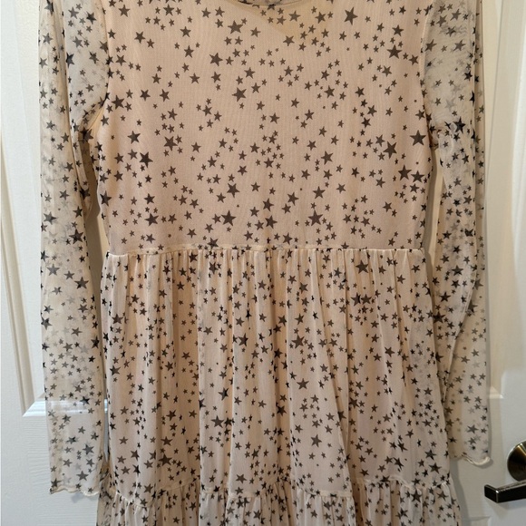 EUC- Altar’d State Pink Sheer Tiered Long Sleeve Mesh Dress with Black Stars - Picture 4 of 9